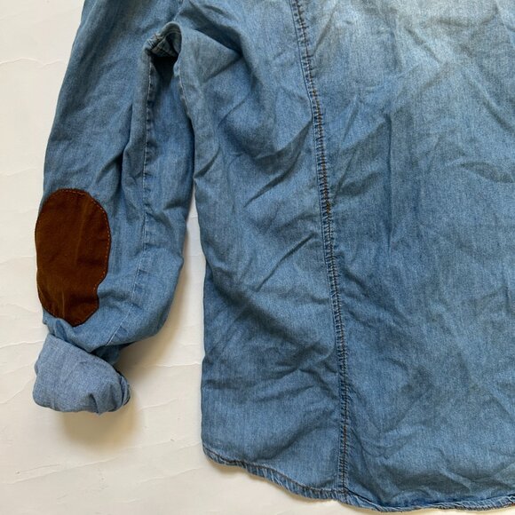 Ci Sono Western Pearl Snap Denim Shirt Womens M Faded Elbow Patch Boho Roll Tab - Picture 16 of 16